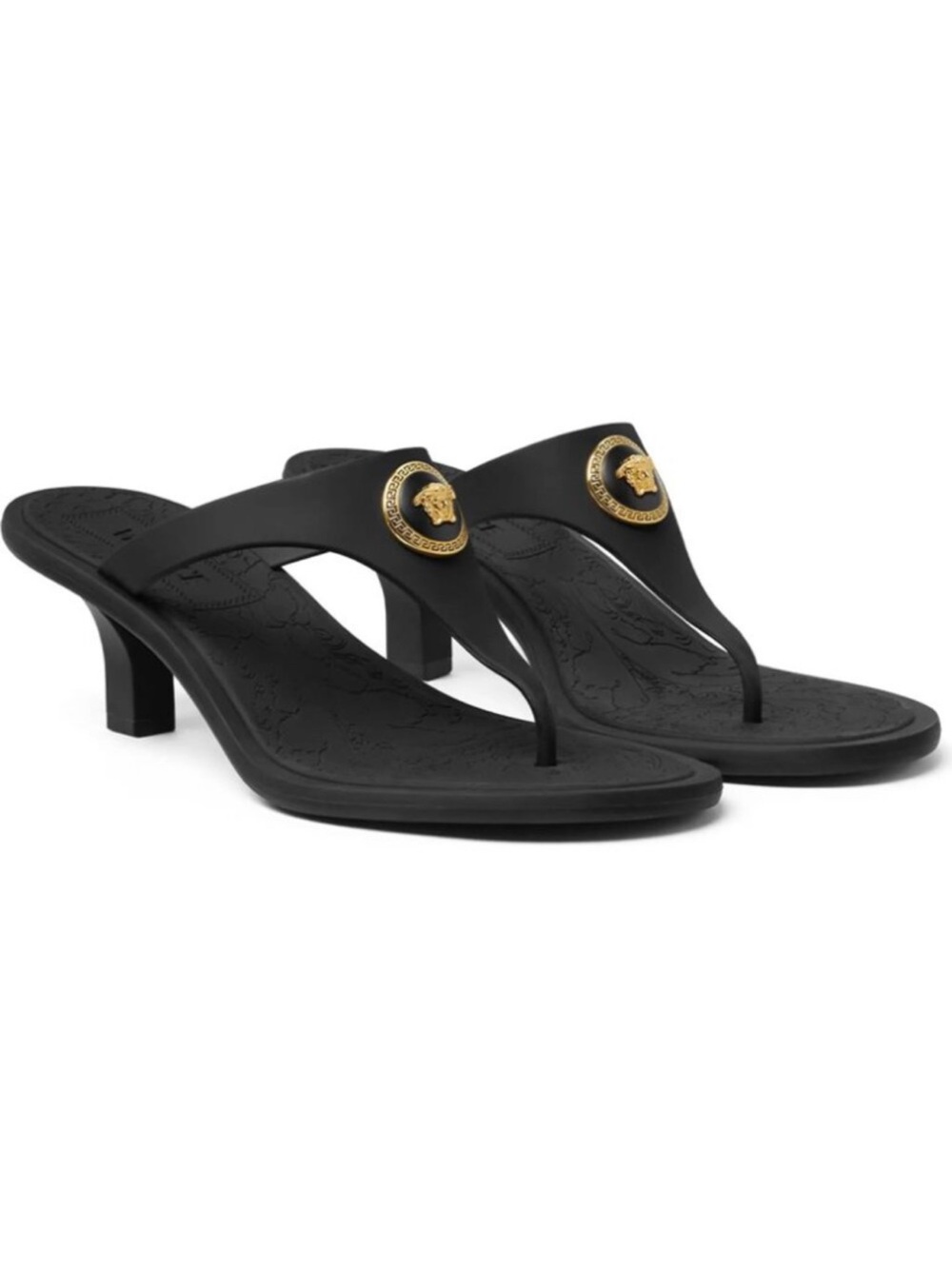 Versace Black Thong Kitten Heel Sandals with Gold Medusa Accent